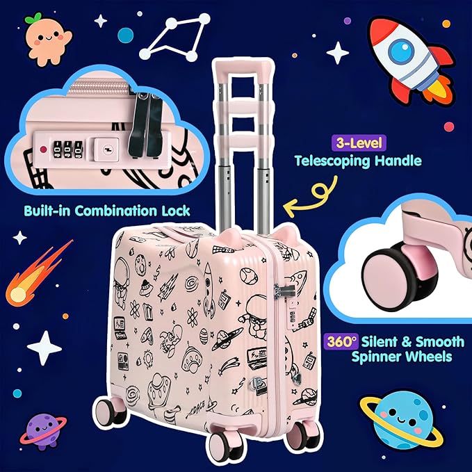 Kids Ride-On Suitcase with Cute Ears, DIY Graffiti Coloring Design, 20" Carry-On Luggage with 4 Spinner Wheels, Pull Rope & Combination Lock – Rideable Travel Case for Toddlers & Children(Pink)