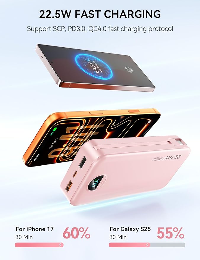Portable Charger, 20000mAh 22.5W Fast Charging Power Bank with Built-in Cables & Wall Plug, USB C External Battery Pack with LED Display, Travel Essentials Phone Charger for iPhone iPad Samsung Pink