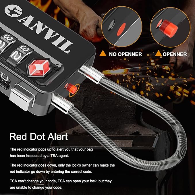 ANVIL TSA Locks for Luggage with Search Alert: Durable Cable Combination Locks, TSA Approved - Secure Travel Locks for Suitcases, Backpacks & Gun Cases (4 Colors)