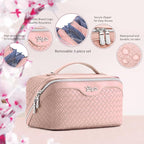 BOYATU Travel Makeup Bag Cosmetic Bags for Women: Large Capacity 3 Pcs Set Make up Bag with Compartments - Waterproof Vegan Leather Toiletry Organizer Bags with Handle (L04 Light Pink)