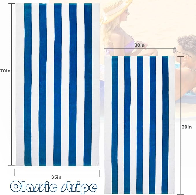 Exclusivo Mezcla 2 Pack Cotton Oversized 35x70 Inches Cabana Stripe Beach Towels, Super Absorbent Soft Plush Pool Bath Towel (Ocean Blue)