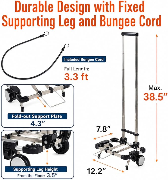 Japard Luggage Cart with 2 Wheels Foldable, Purse Trolley, Portable Travel Dolly Compact Air Travel Loadable 55 lbs, Smallest Folding Carrying Cart Light Weight
