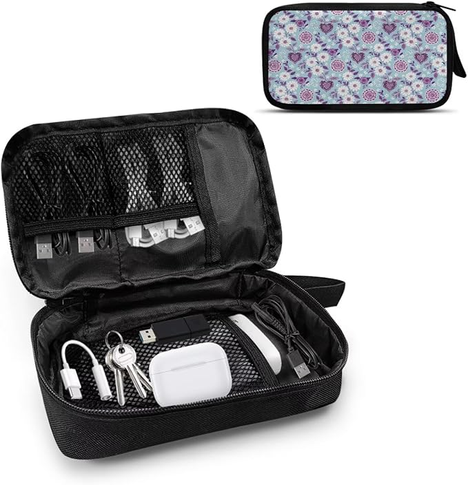 White Flowers Travel Cord Organizer Case Cord Organizer Travel Large Storage Bag holds Phone Power Bank SD Card Tech Accessory Electronic Accessories Carry Case