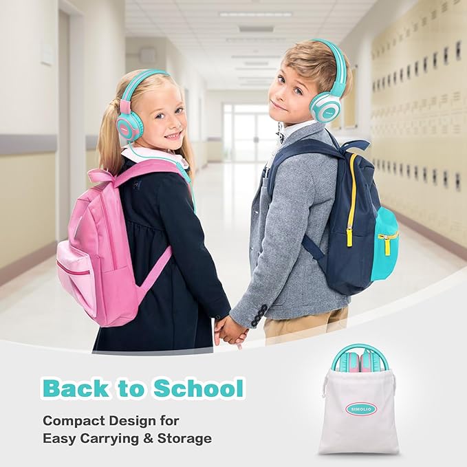 SIMOLIO Kids Headphone with Mic, 75dB,85dB,94dB Volume Limit Share Port, Child Headsets for Tablet/iPad/Kindle/Laptop, Sturdy Toddler Wired Headphones with Portable Bag for Girls, Boys (Mint & Pink)