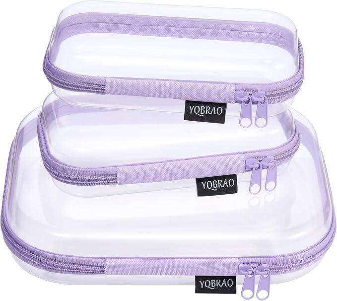 YQBRAO 3-Pack Clear Hard Shell Zipper Case - Purple Edition, 1.2mm Heavy-Duty Crush-Proof Travel Makeup Bag, TSA Approved Clear Zipper Pouches, Rigid Diaper Bag Organizer for Tech & Daily Essentials