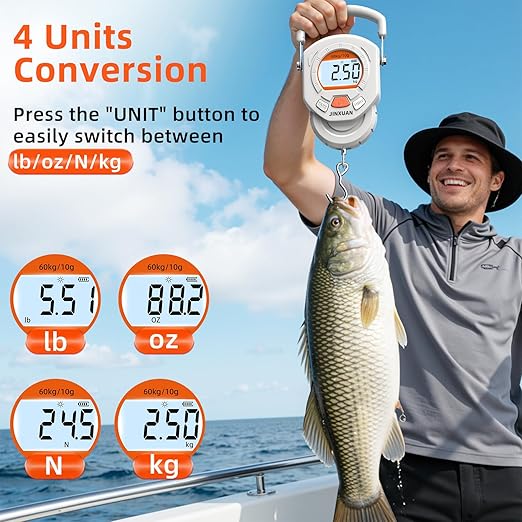 Fishing Scale Luggage Scale 132lb/60kg Digital Fish Scale, Fish Weight Scale with Backlit LCD Display, Luggage Weight Scale with 4 Units, 2 AAA Batteries, Hanging Scale for Fishermen Travelers