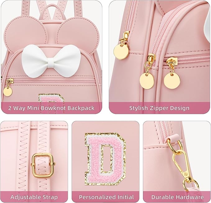 KKXIU Girls Initial Bowknot Cute Mini Backpack for Toddler, Travel Small Girl Backpacks, Personalized Birthday Gifts for Little Girls and Kids(D, Pink)