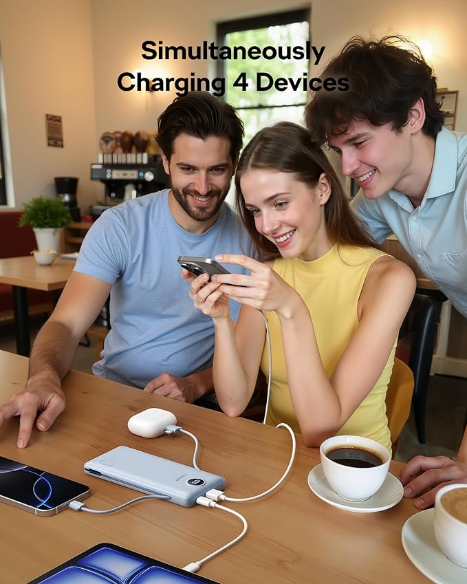 VEGER All in One Travel Portable Charger with Built-in AC Plug & Cables, 10000mAh Slim Power Bank Battery Pack, 15W Fast Charging Compatible with iPhone, Samsung, Android-White