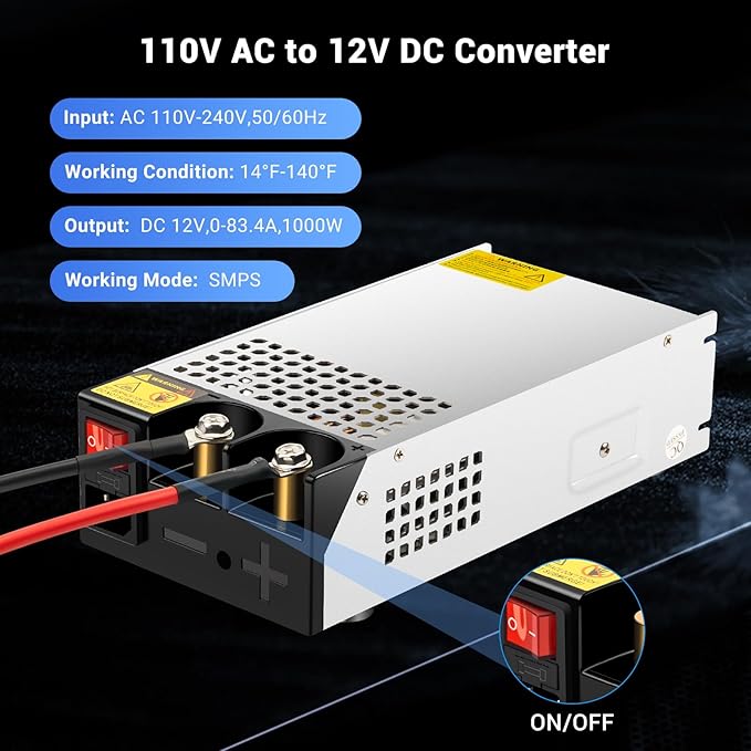 1000W Converter, 110V AC to 12V DC Converter Power SupplyMax Current 83A DC Switch Transformer for RV,Pump,LED Strip, LCD Monitor