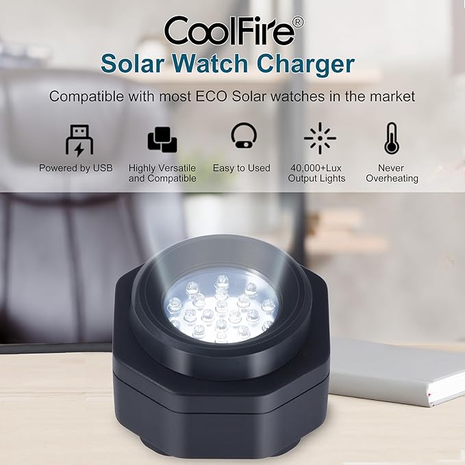 CoolFire (The Original) - USB-C UV Free Solar Watch Fast Charger for All Eco Solar Watches. Safe 24/7 Charging (No 8H Timer Needed). Reloj Hombre Solar Charger. Fits G-Shock, Citizen, Seiko, Garmin WT