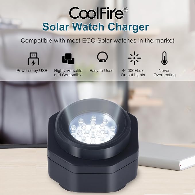 CoolFire (The Original) - USB-C UV Free Solar Watch Fast Charger for All Eco Solar Watches. Safe 24/7 Charging (No 8H Timer Needed). Reloj Hombre Portable Charger. BK