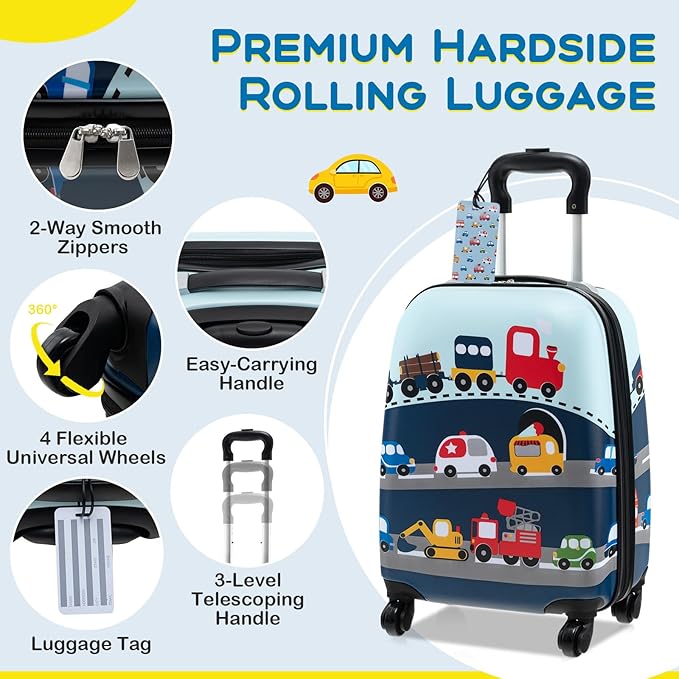 BABY JOY Kids Luggage, 5 Pieces Luggage Set w/ 16" Carry-on Hardshell Spinner Toddler Suitcase, 13" Backpack, Neck Pillow & Insulated Lunch Bag, Travel Kids Rolling Suitcase for Girls Boys (Blue Car)