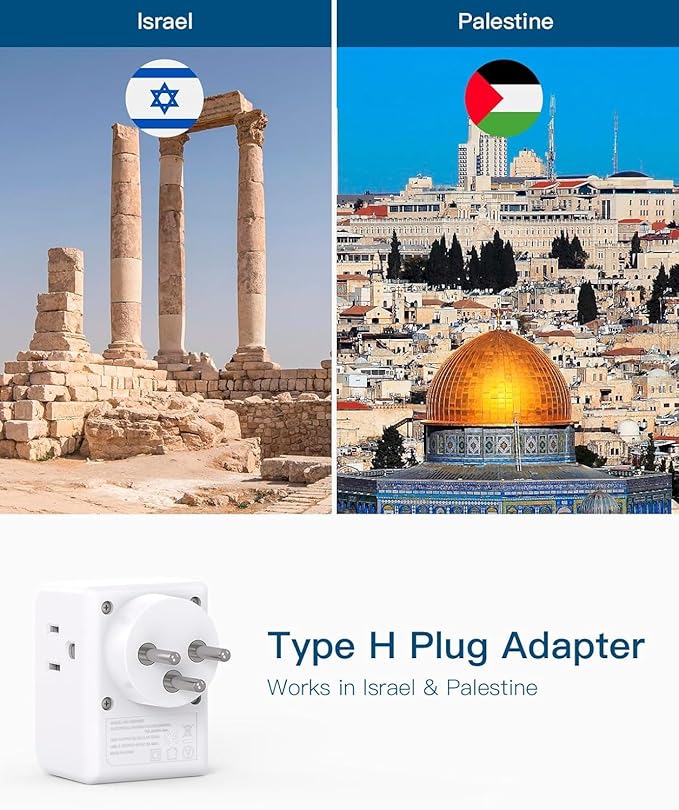 2 Pack Israel Power Adapter, One Beat Israel Travel Plug Adapter with 3 American Outlets 4 USB Ports(2 USB C), 7 in 1 Type H Travel Adapter Plug Converter for US to Israel, Jerusalem, Palestine