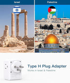 2 Pack Israel Power Adapter, One Beat Israel Travel Plug Adapter with 3 American Outlets 4 USB Ports(2 USB C), 7 in 1 Type H Travel Adapter Plug Converter for US to Israel, Jerusalem, Palestine