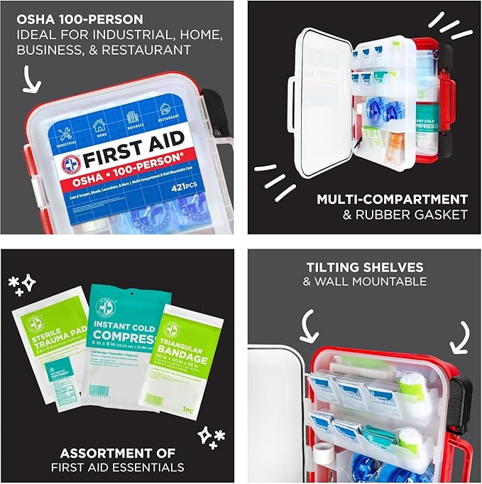 Be Smart Get Prepared 421pc First Aid Kit Exceeds OSHA Guidelines 100 People - Office, Home, Car, School, Emergency, Survival, Camping, Hunting and Sports