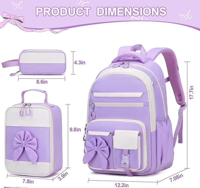 DIGOBAY Backpack for Girls, 3PCS Girls Backpack for School with Lunch Bag Pencil Case, Cute Kids Teens Bookbag for Kindergarten Elementary Preschool Middle School (Purple)
