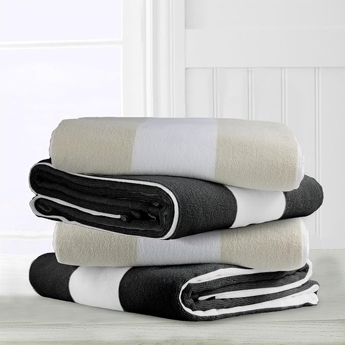 CLOWOOD Plush Oversized Beach Towel - Cotton 40 x 70 Inch Large Thick Black Striped Cabana Pool Swimming Towel