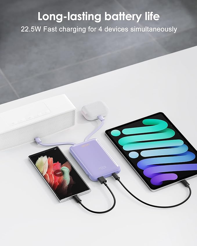 Portable Charger 10000mAh, Cell Phone Portable Power Banks with 22.5W PD Fast Charging, Compact Phone Charger Built in Cable, Compatible with Apple, Samsung, Google, Motorola and More