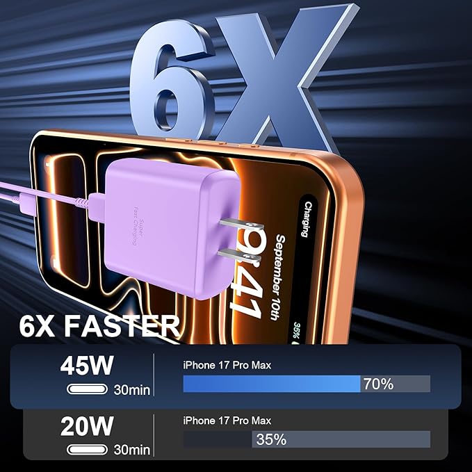 Phone 17 16 Pro Max Charger Fast Charging, 45W USB C Phone 17 16 Super Fast Charger Block with 10ft Long Type C Charging Cable Cord for i.Phone 17 Pro Max/17 Pro/17 Air/17/16/16Pro-White+Purple