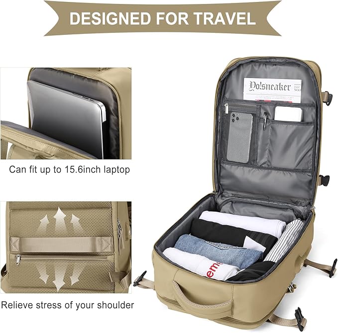 WONHOX Travel Backpack Women, Carry On Backpack for Men, Hiking Laptop Backpack Waterproof Outdoor Sports Rucksack Casual Daypack, Khaki