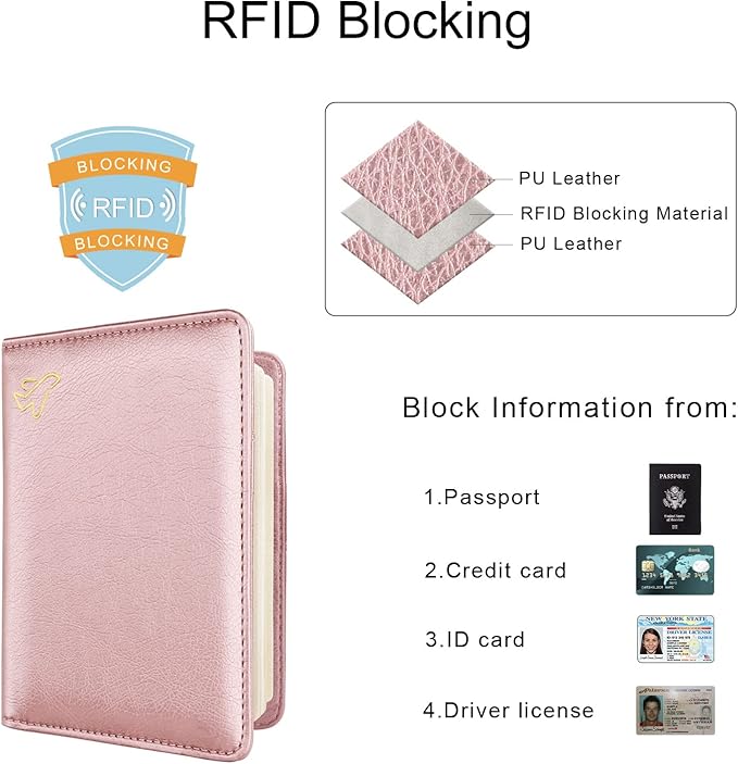 WALNEW Passport Holder for Travel, RFID Passport Cover Wallet for Women Men, PU Leather Passport Book Card Holder Case with Pen (Elastic Band Closure, C-Rosegold)
