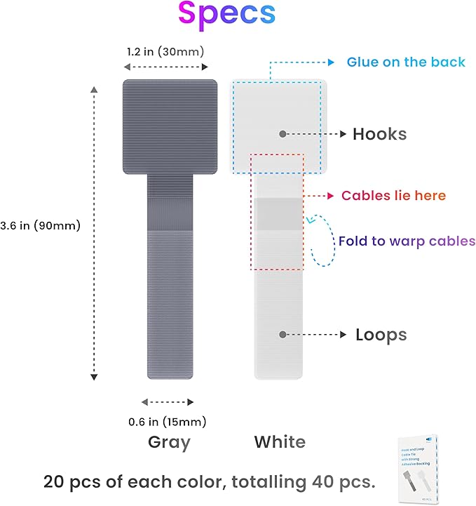 LX IntMfr. Hook and Loop Cable Ties, Self Adhesive Hook and Loop Cable Straps, Sticky-back Cord Organizer, Cable Clip, Household & Office Essentials, 40Pcs per Pack