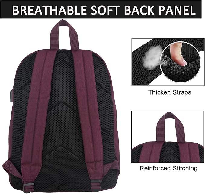 SUPACOOL Casual Laptop Backpack for Men and Women, Backpack for College, USB Charging Port, Lightweight Pack Back(Burgundy Red)