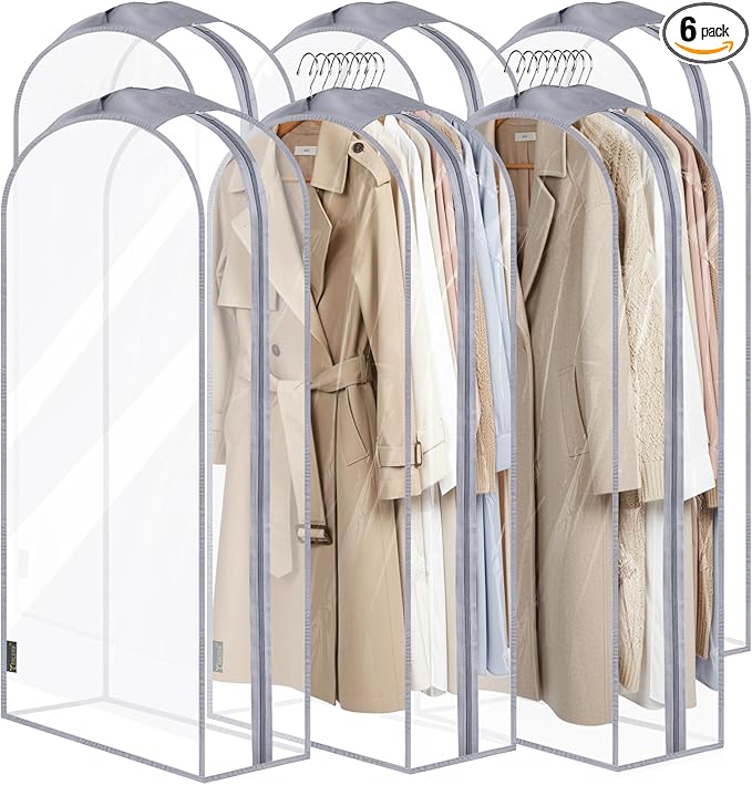 BALEINE 48'' Clear Garment Bags, 10.5'' Wide PEVA Suit Bag for Closet Clothes Dresses Suit Coats Storage (Clear, 6PK)