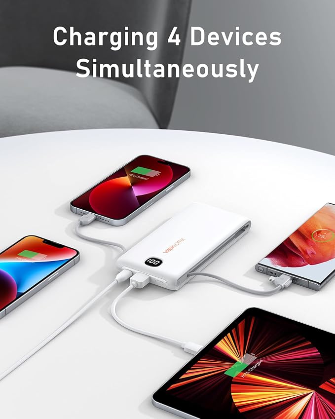 Portable Charger for iPhone Built in Cables and Wall Plug 10000mAh, Power Bank for Phone, USB C Slim Battery Pack with LED Display Compatible with iPhone 17/16/15/14, Samsung