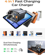 LISEN 4 in 1 Starlight Retractable Car Charger, 75W USB C Cigarette Adapter Fast Charging, Starlight Retractable Car Accessories for Women Mom, for iPhone 17 Pro Max Air 16 15 14 13 12