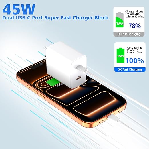 iPhone Charger Fast Charging,[Apple MFi Certified] 45W Dual Quick Apple Charger 2Pack 6FT Type C Block USB C to C Cable for iPhone 17E/17 ProMax/Air/17 Pro/16 Pro Max/16Pro/16E/15 ProMax/Plus,iPad Pro