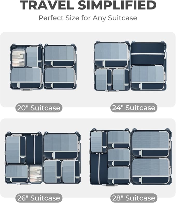 Percover Compression Packing Cubes 6-Piece Set, Packing Cubes Compression for Travel with Multi-Size Organization, Travel Organizer for Carry On & Checked Luggage, Navy Blue