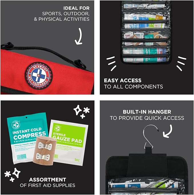 Be Smart Get Prepared 73-Piece Coach’s and Team Sports First Aid Kit in Roll up Bag: Clean, Treat, Protect Cuts, Scrapes. Home, Office, Car, School, Travel, Hunting, Outdoor, Camping, FSA HSA