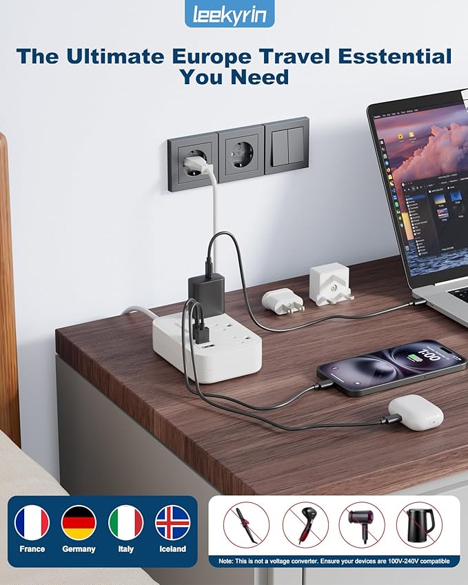 European Travel Plug Adapter, US to UK Europe Power Strip for EU/UK/US with 5ft Extension Cord, 3 USB Ports 3 AC Outlets, International Travel Power Strip, Type C for Europe EU Germany France