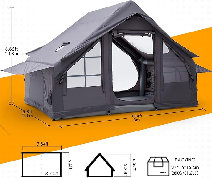 Inflatable Camping Tent with Electric Air Pump - 420D Heavy Duty Oxford - 5 Min Auto-Inflation - Panoramic Stargazing Skylight - 4 Season Luxury Glamping Cabin, 4-10 Person Multiple Sizes