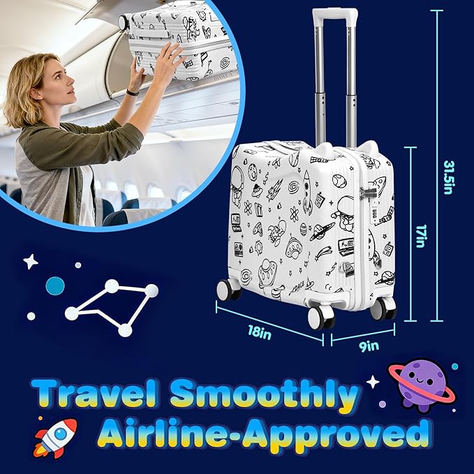 Kids Ride-On Suitcase with Cute Ears, DIY Graffiti Coloring Design, 20" Carry-On Luggage with 4 Spinner Wheels, Pull Rope & Combination Lock – Rideable Travel Case for Toddlers & Children(White)