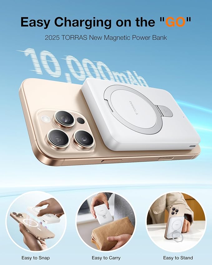 TORRAS EasyGo 10000mAh Magnetic Portable Charger Power Bank for iPhone, Fast Charging Travel Essential Wireless Battery Pack with Stand Compatible with Magsafe, 17 Pro Max,Pro,16,15,14,13,12, Whilte