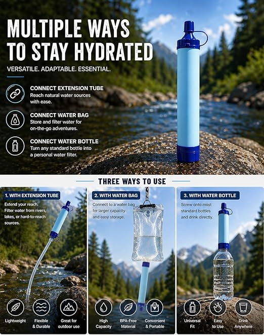 Water Filter, Portable Water Filter Straw, Emergency Survival Filtration System, Lightweight Personal Water Purifier, Includes 480ml Reservoir & Tube, for Hiking, Camping, Travel (3)