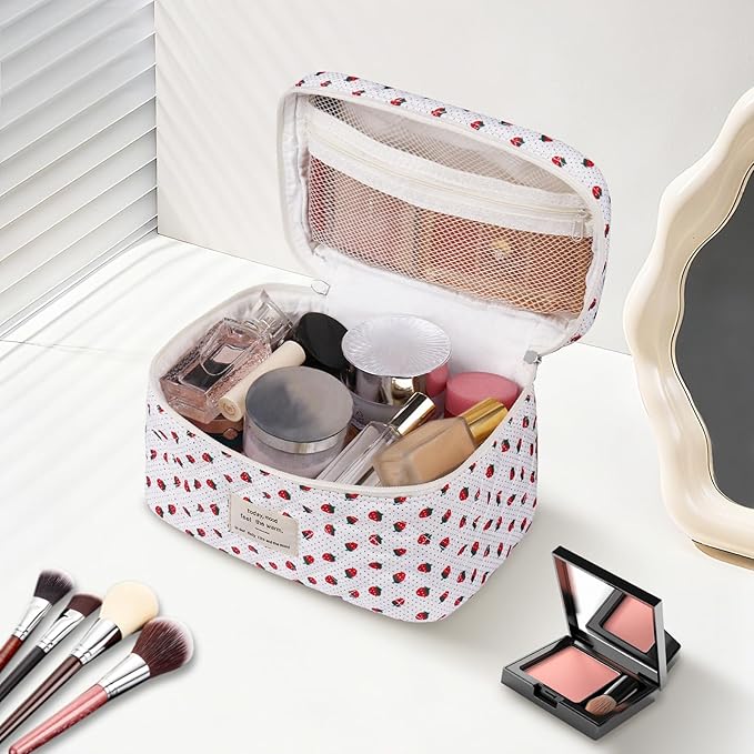 Gosect Large Makeup Bag, Cute Cosmetic Bag for Women Girls, Floral Coquette Aesthetic Toiletry Bag, Travel Make Up Organizer Bag (Strawberry)