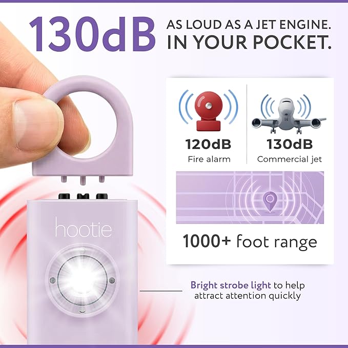 HOOTIE Personal Safety Alarm Keychain, 130dB Personal Alarm for Women Men and Kids, Pull Pin Emergency Panic Alarm with Strobe Light, Portable Self Defence Alarm for Campus Travel and Running Lavender