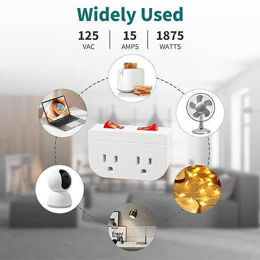 3Pack - POWAWINI Grounded Outlet with Double On Off Switch, Two Port Electrical Outlet Plug Switch, Wall Tap Adapter with Daul Red Indicator, 1875W,15A, ETL Listed (White)