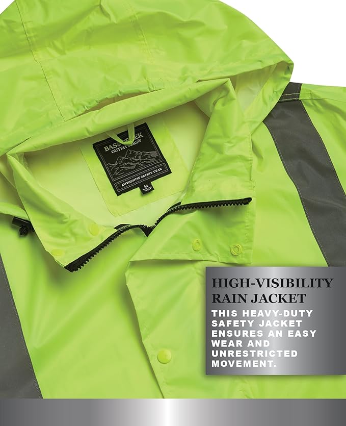 Bass Creek Outfitters Mens Rain Jacket - Waterproof Hooded High Visibility Safety Coat with Reflective Strips