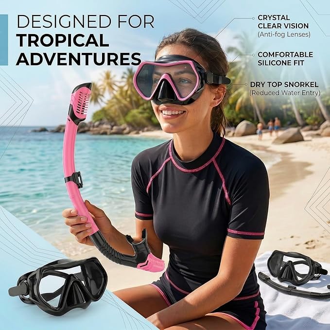 Snorkeling Gear for Adults, JRing Snorkel Mask Set with 180 Degree Tempered Glass Anti Fog Goggles Scuba Dry Top Snorkel for Swimming, Scuba Diving Mask for Men Women