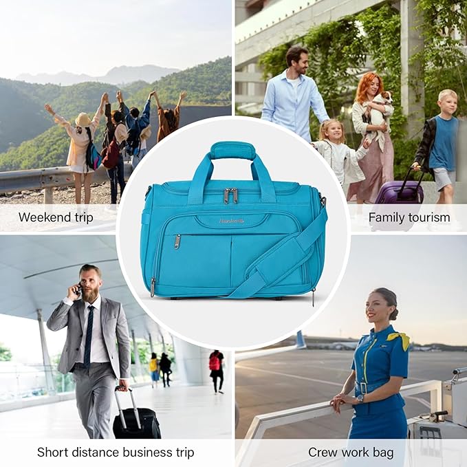 Hanke Small Travel Duffel Bag, Under Seat Carry On Personal Item Bag with 11 Pockets, Lightweight Water Resistant Foldable Weekender Bag with Trolley Sleeve for Travel Gym Daily Use（Caribbean Blue）