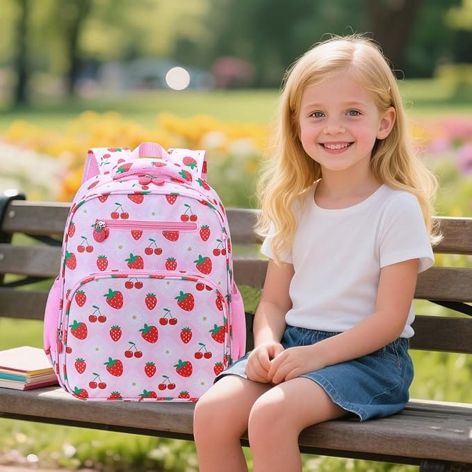 RHCPFOVR Kids Backpack for Girls - Girls Backpack 3-8 Ages Strawberry for Kids 15 Inch School Bookbag for Kindergarten Elementary School Bookbag for Girl 1st 2nd Grade