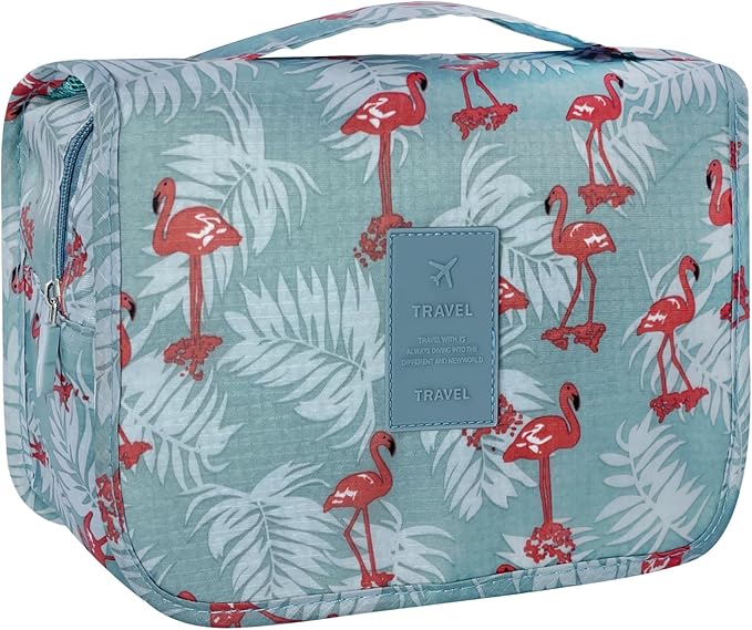 Lcsmaokin Large Capacity Toiletry Bag Travel Bag with Hanging Hook for Men and Women Waterproof Travel Cosmetic Bag Bathroom Storage Bag for Brushes Set,Full-Sized Shampoo,Accessories -Grey Flamingo