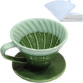 Ceramic Pour Over Coffee Dripper with 50 pcs coffee filters - Portable Drip Coffee Brewer for Travel, Camping, Office or Home - Artisanal Pottery Gift for Enthusiasts