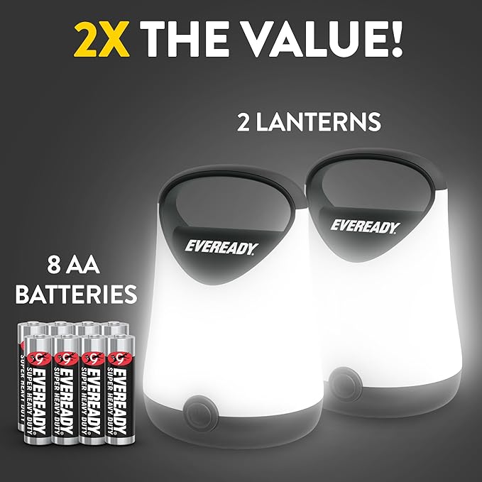 Eveready LED Camping Lantern X-250 (2-Pack), Super Bright Tent Lights, Rugged Water Resistant LED Lanterns, 100 Hour Run-time (Batteries Included), Black