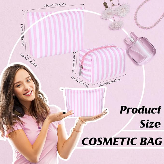 Huhumy 2 Pcs Makeup Bag Set Cute Cosmetic Pouch for Women Seersucker Travel Toiletry Bag Preppy Small Makeup Purse Pouch Aesthetic Skincare Brushes Storage Organizer for Valentine Women(Pink Wide)