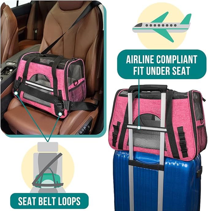 PetAmi Airline Approved Pet Carrier for Cats & Small Dogs, Soft Sided TSA Travel Carrier Bag Sherpa Bed, Breathable Mesh Ventilation, Collapsible Bowl, Fit Under Seat, Up to 18 lbs, Small Heather Pink